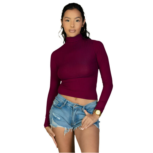 Ribbed Turtleneck Long Sleeve Top