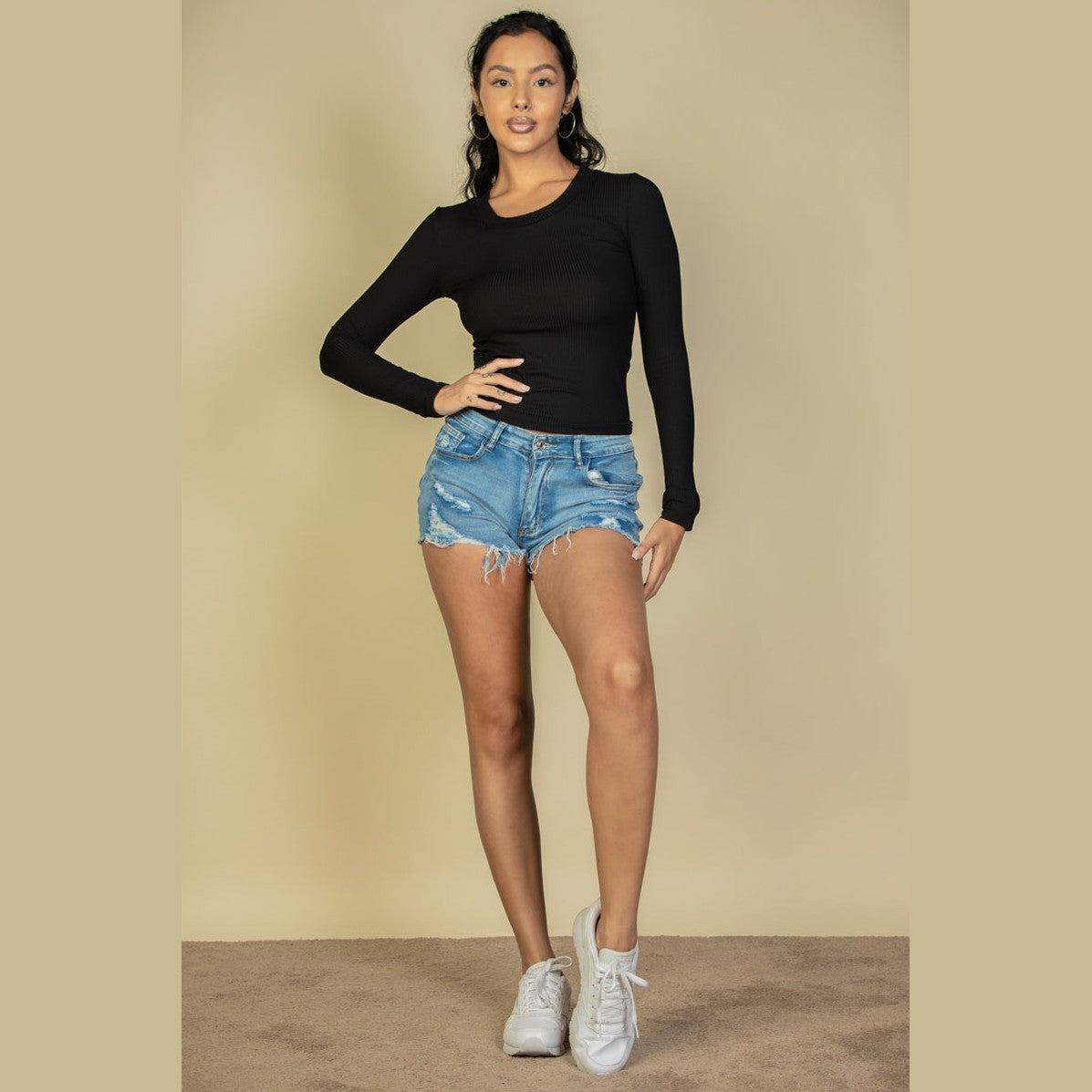 Ribbed Crew Neck Long Sleeve Tee