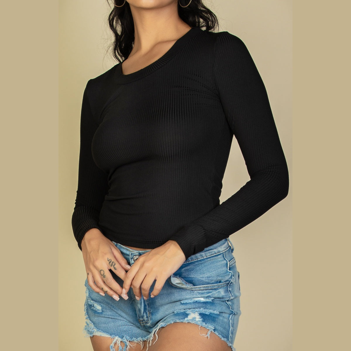 Ribbed Crew Neck Long Sleeve Tee