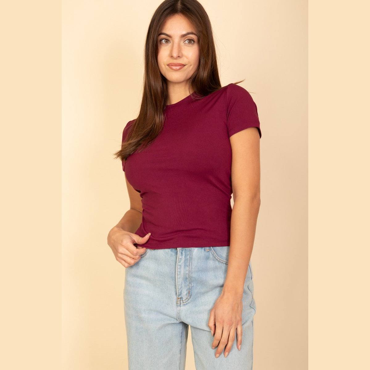 Ribbed Round Neck Short Sleeve Top