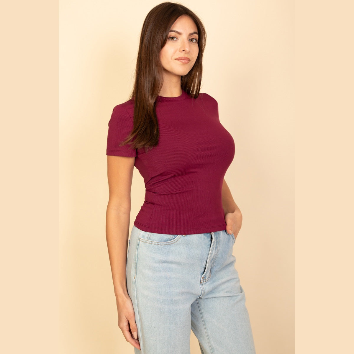 Ribbed Round Neck Short Sleeve Top