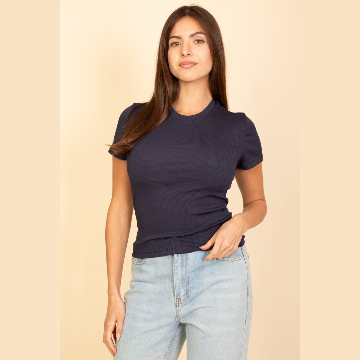 Ribbed Round Neck Short Sleeve Top
