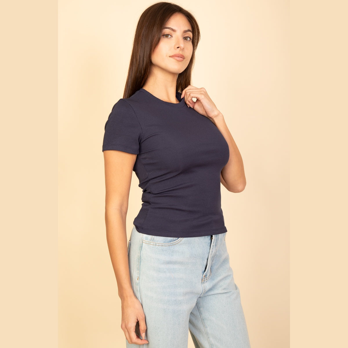 Ribbed Round Neck Short Sleeve Top
