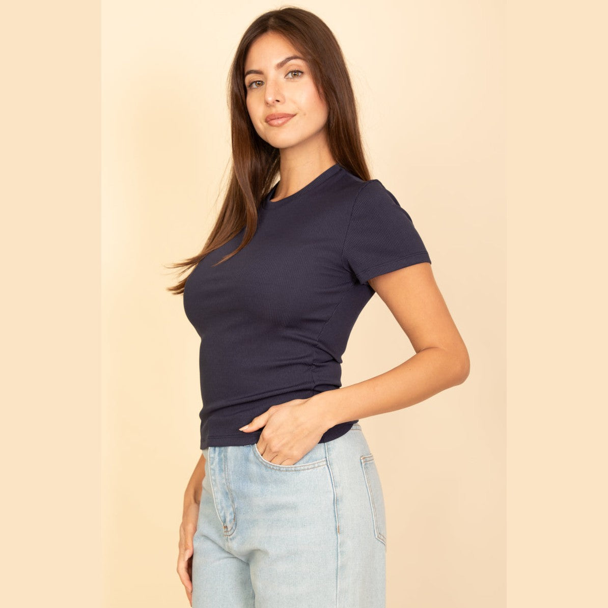 Ribbed Round Neck Short Sleeve Top