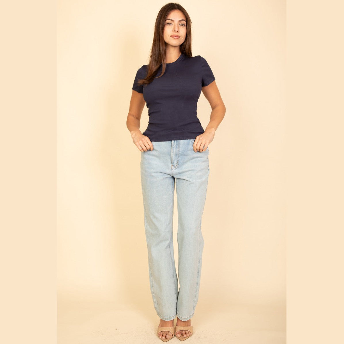 Ribbed Round Neck Short Sleeve Top