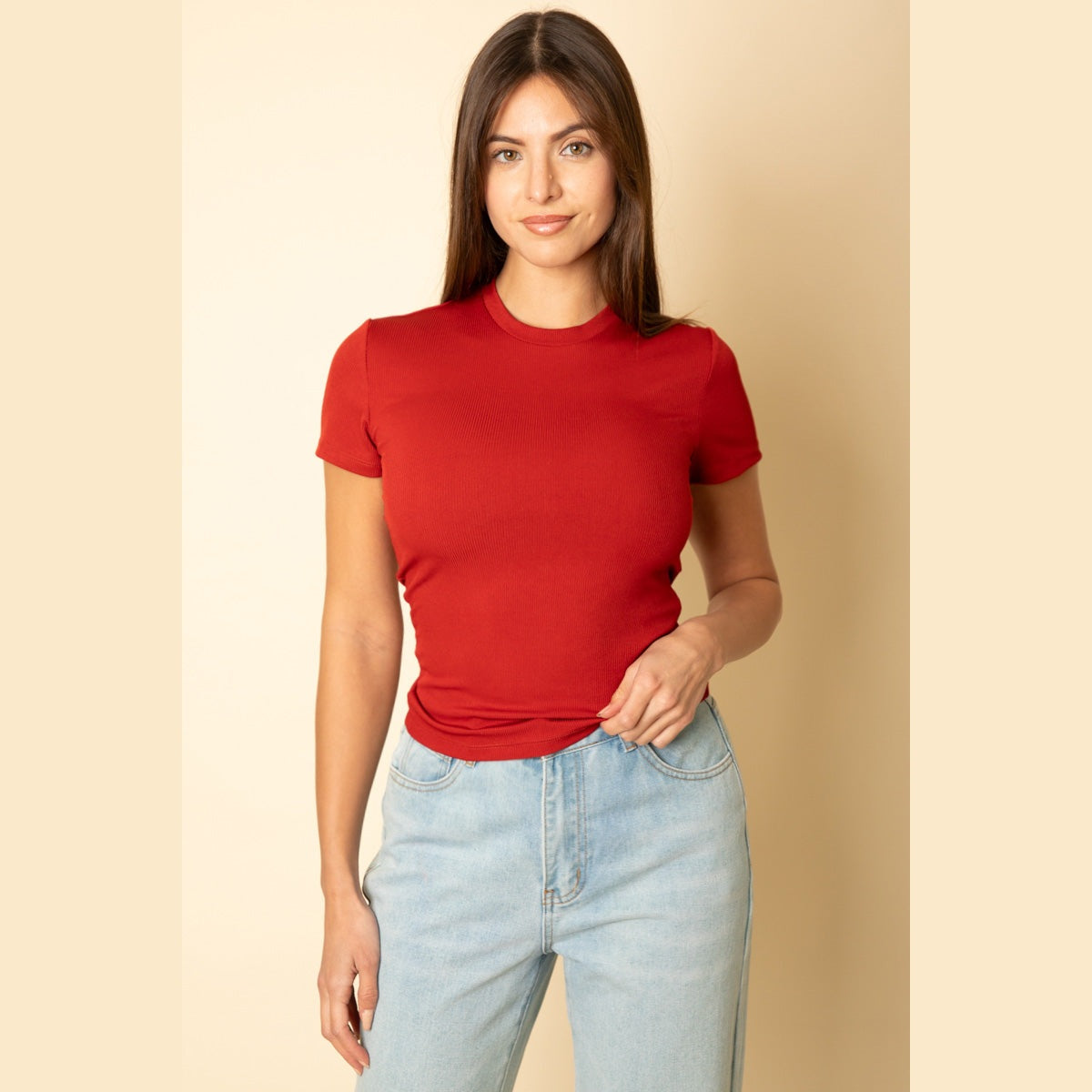 Ribbed Round Neck Short Sleeve Top