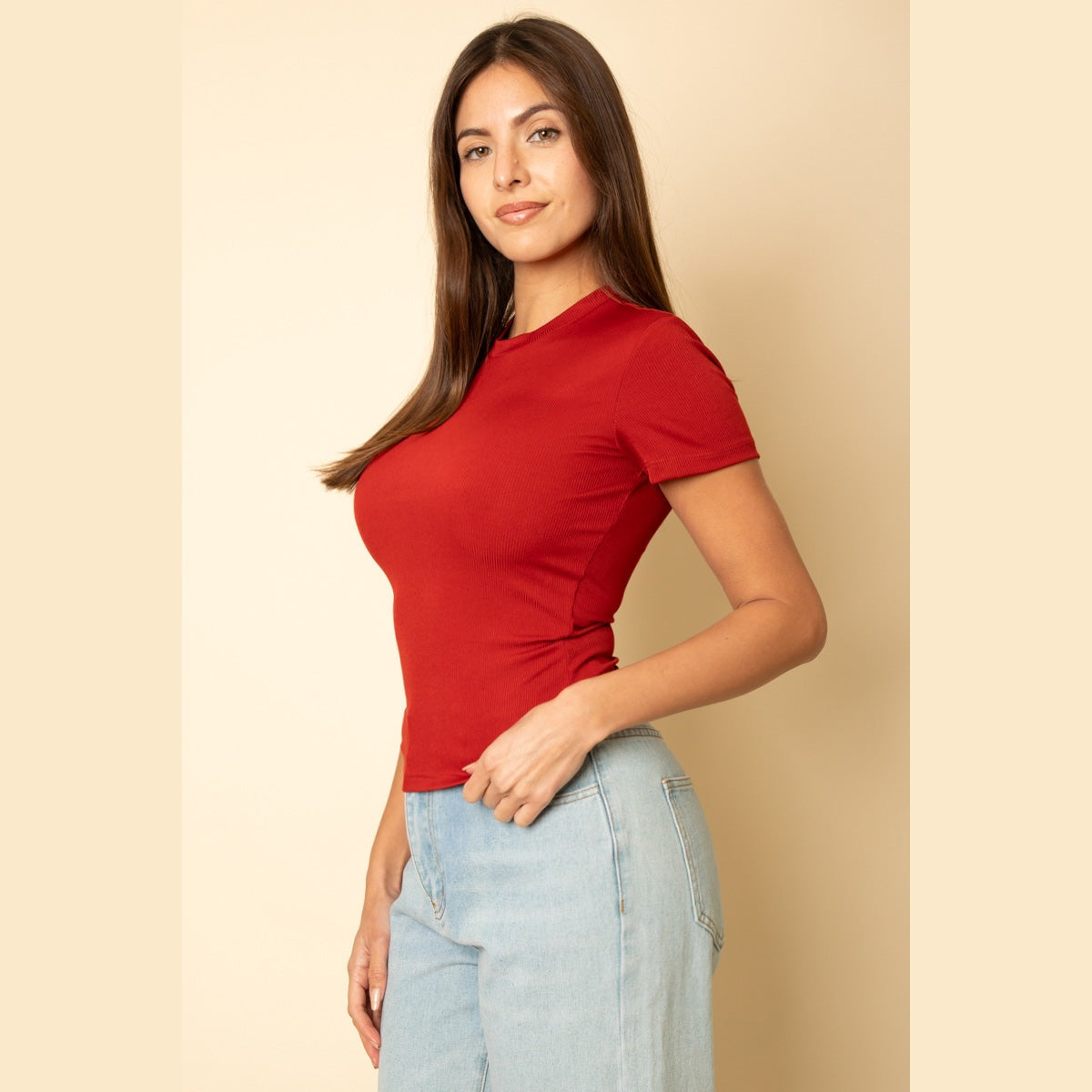 Ribbed Round Neck Short Sleeve Top