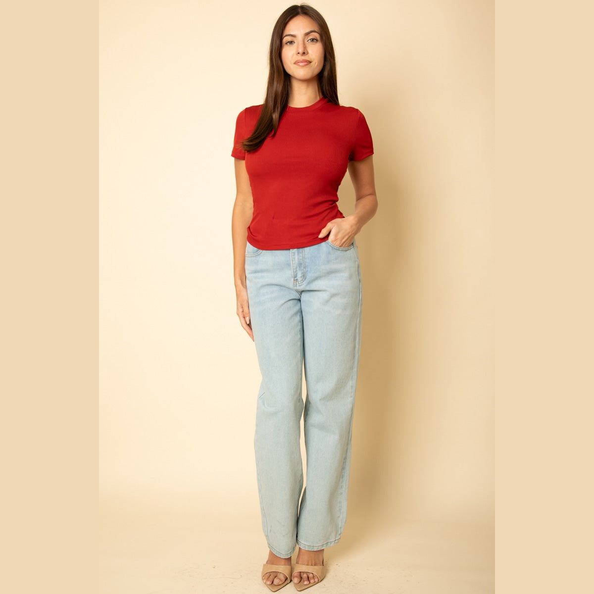Ribbed Round Neck Short Sleeve Top