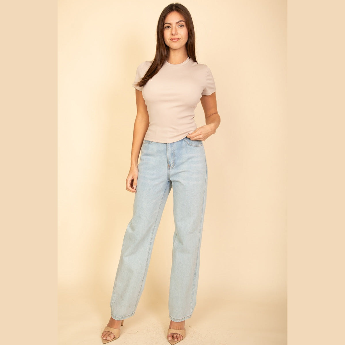 Ribbed Round Neck Short Sleeve Top