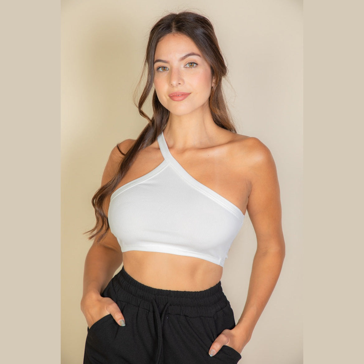 One Shoulder Ribbed Cropped Top