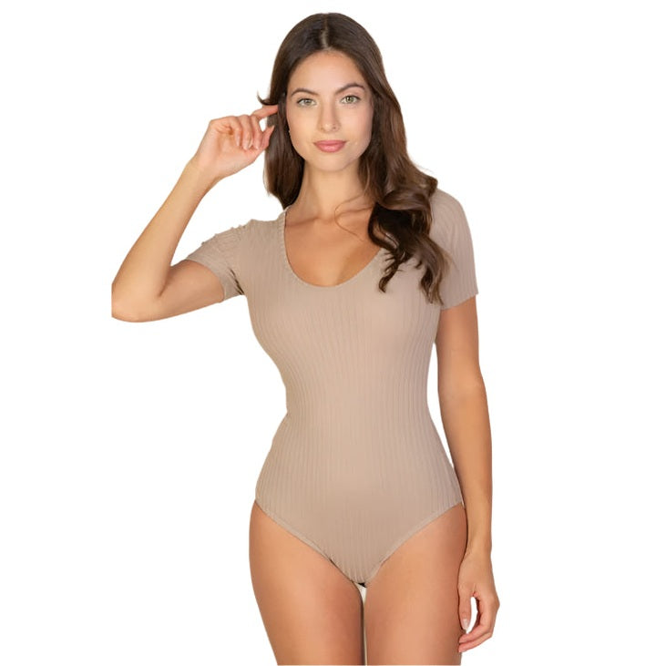 Ribbed Scoop Neck Short Sleeve Bodysuit