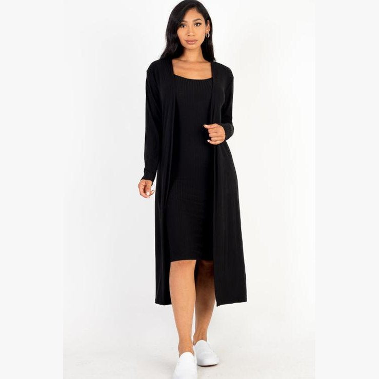 Ribbed Cardigan & Cami Midi Bodycon Dress