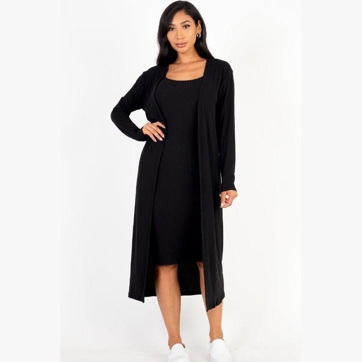 Ribbed Cardigan & Cami Midi Bodycon Dress