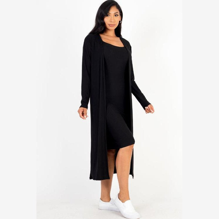 Ribbed Cardigan & Cami Midi Bodycon Dress