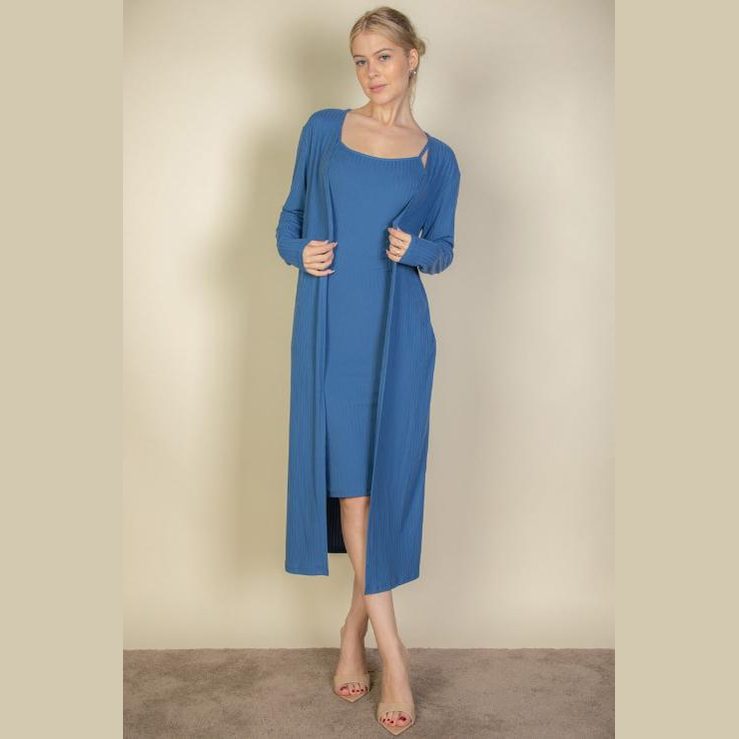 Ribbed Cardigan & Cami Midi Bodycon Dress