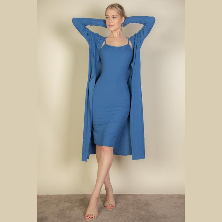 Ribbed Cardigan & Cami Midi Bodycon Dress