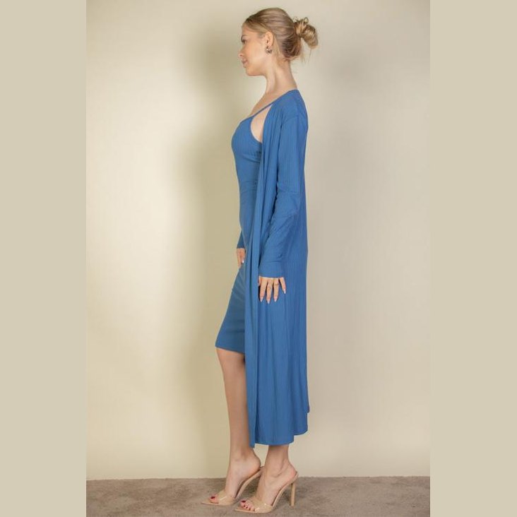Ribbed Cardigan & Cami Midi Bodycon Dress