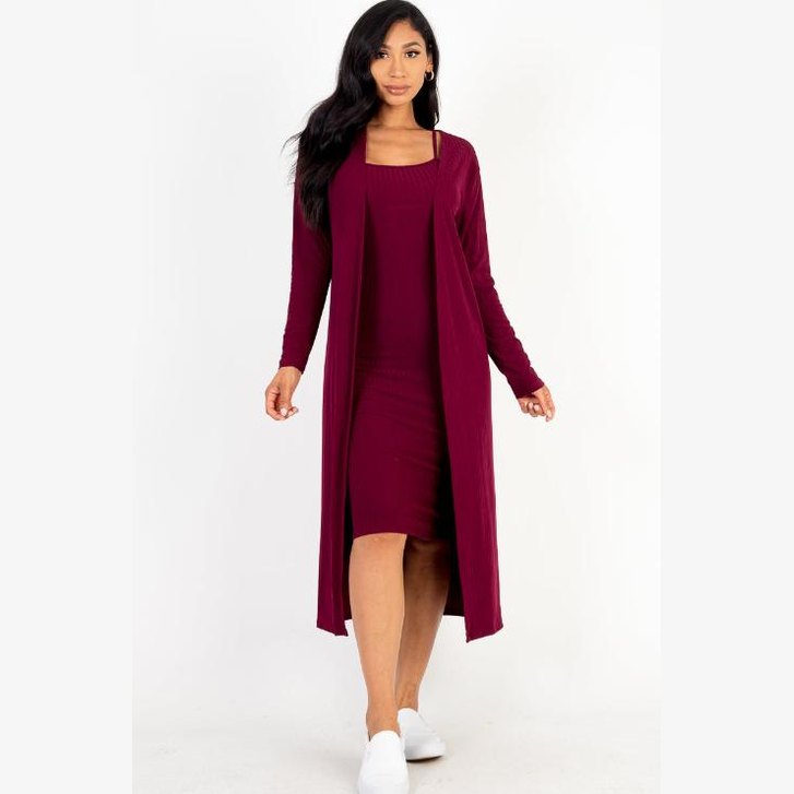 Ribbed Cardigan & Cami Midi Bodycon Dress
