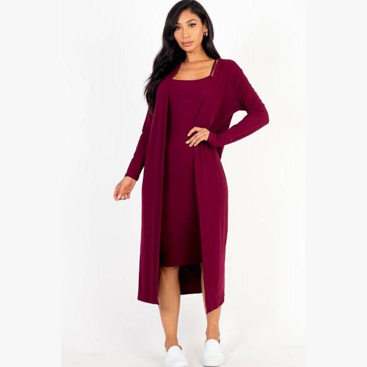 Ribbed Cardigan & Cami Midi Bodycon Dress