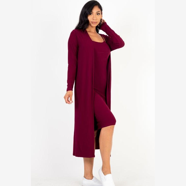 Ribbed Cardigan & Cami Midi Bodycon Dress