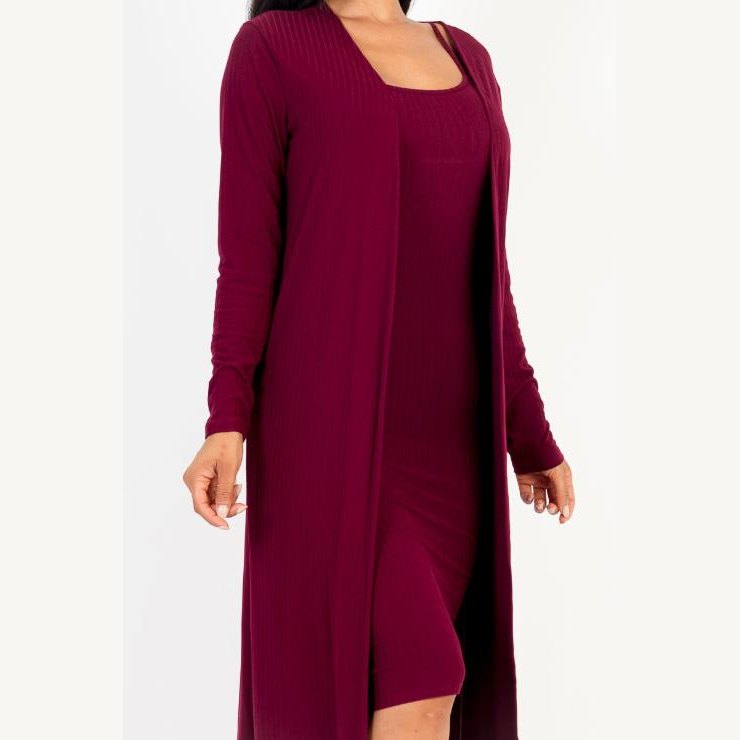 Ribbed Cardigan & Cami Midi Bodycon Dress