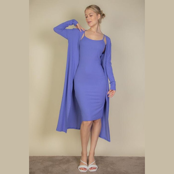 Ribbed Cardigan & Cami Midi Bodycon Dress