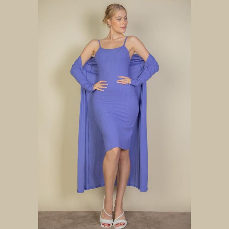 Ribbed Cardigan & Cami Midi Bodycon Dress
