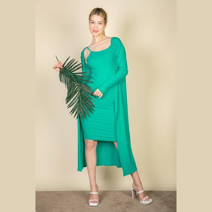 Ribbed Cardigan & Cami Midi Bodycon Dress