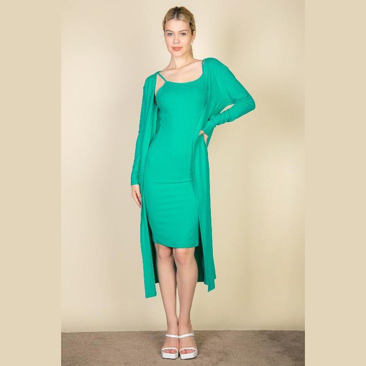 Ribbed Cardigan & Cami Midi Bodycon Dress