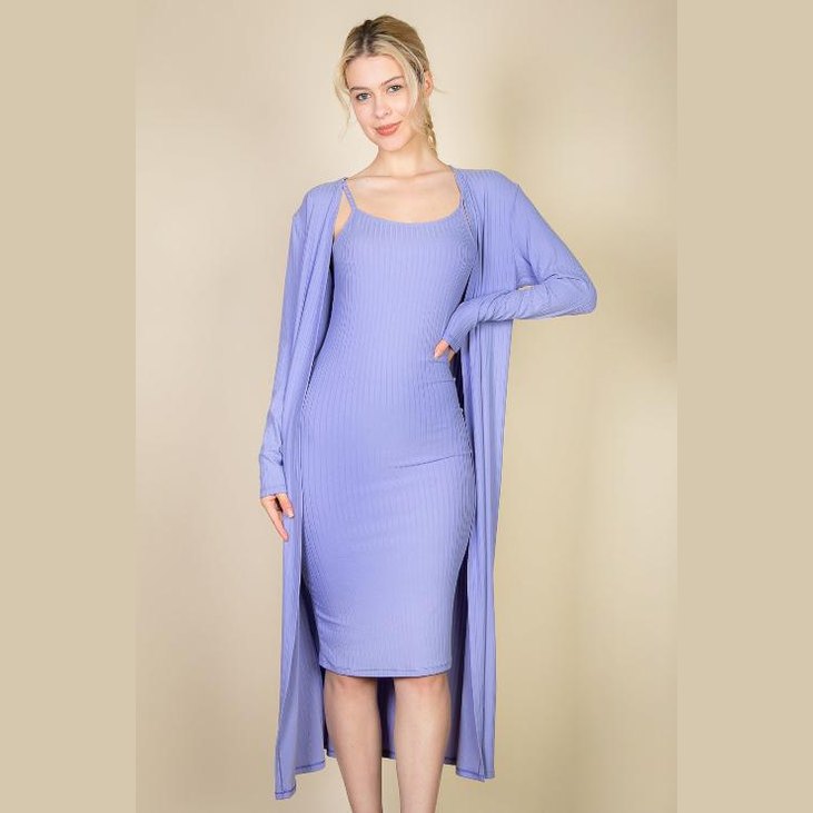 Ribbed Cardigan & Cami Midi Bodycon Dress