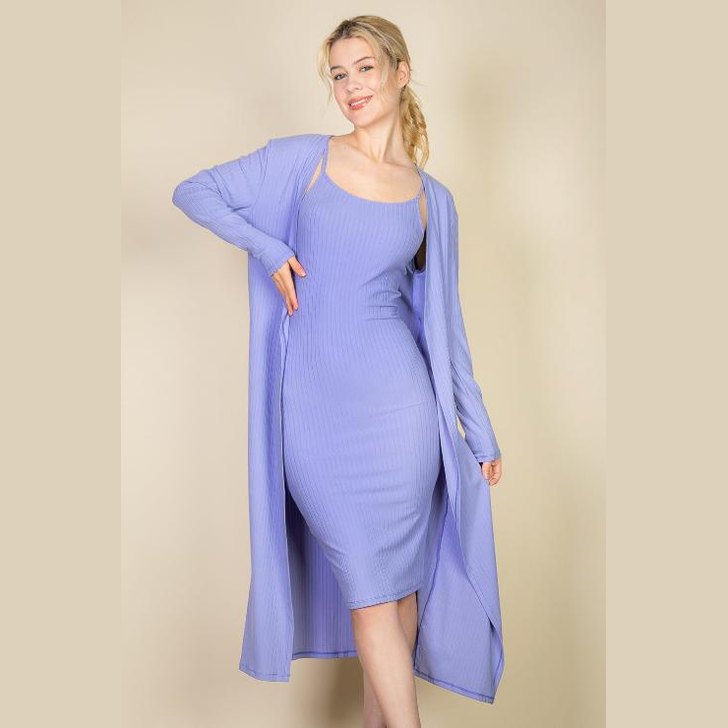Ribbed Cardigan & Cami Midi Bodycon Dress