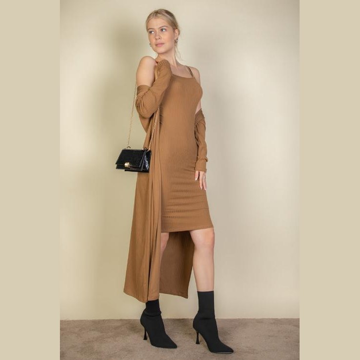 Ribbed Cardigan & Cami Midi Bodycon Dress