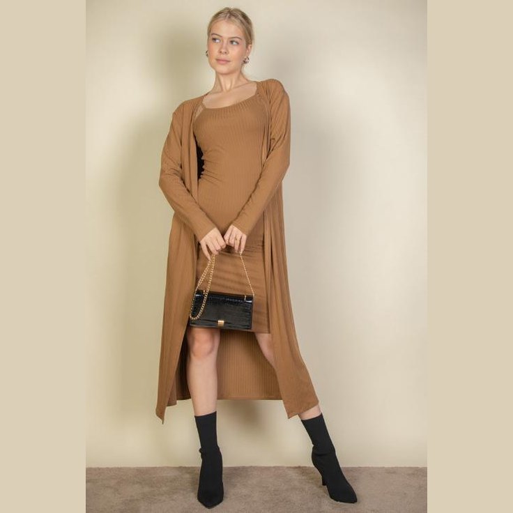Ribbed Cardigan & Cami Midi Bodycon Dress