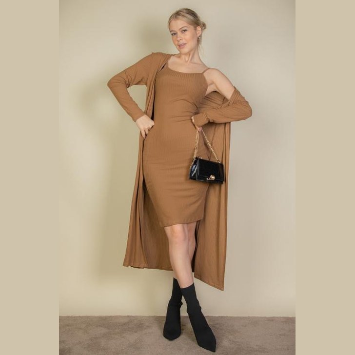 Ribbed Cardigan & Cami Midi Bodycon Dress