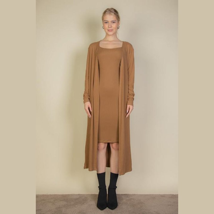 Ribbed Cardigan & Cami Midi Bodycon Dress