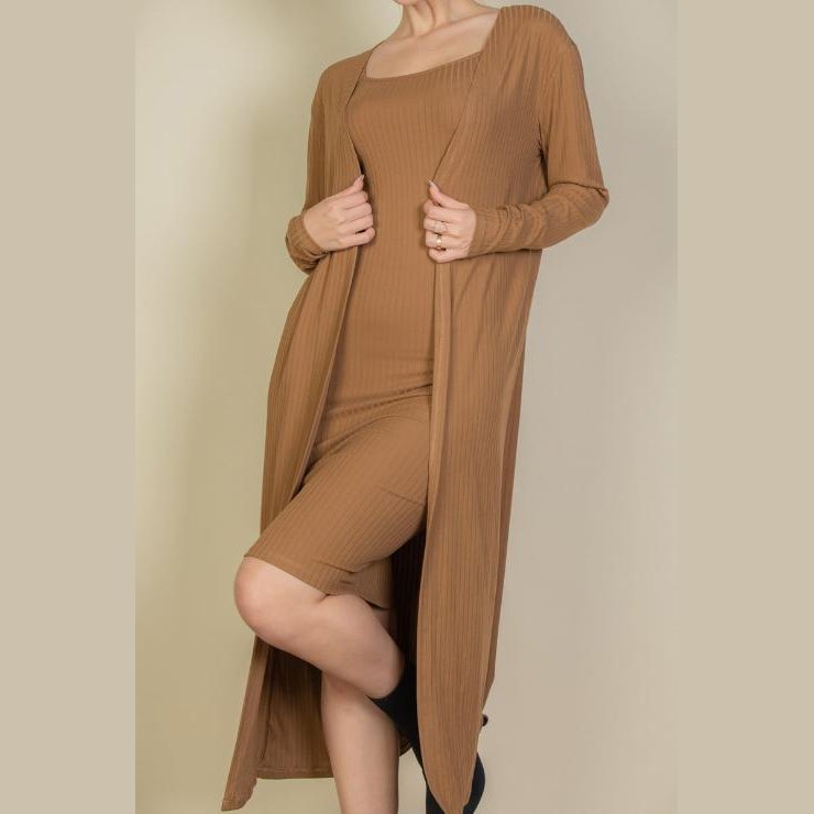 Ribbed Cardigan & Cami Midi Bodycon Dress