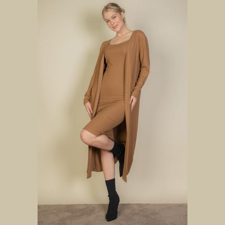 Ribbed Cardigan & Cami Midi Bodycon Dress