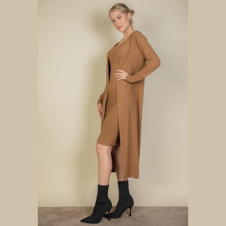 Ribbed Cardigan & Cami Midi Bodycon Dress