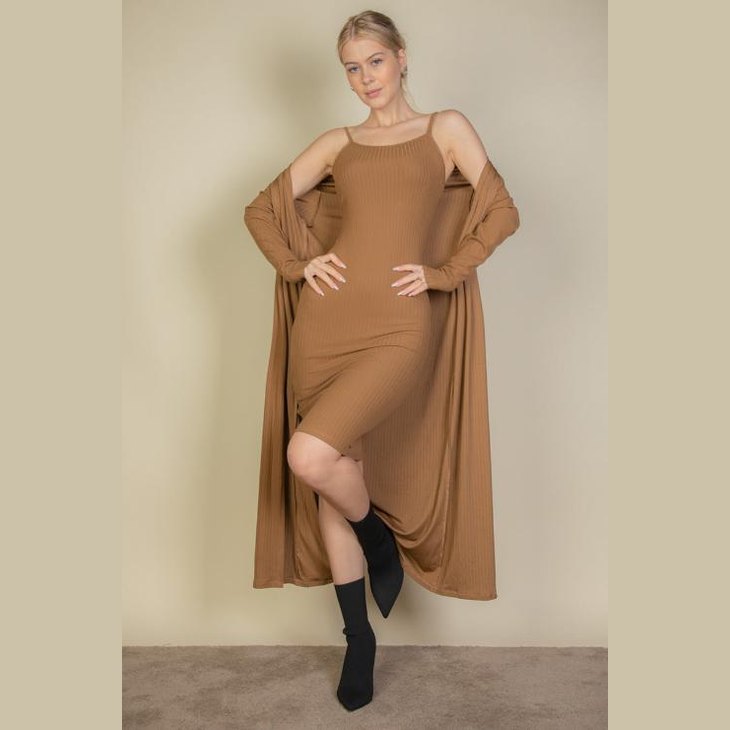 Ribbed Cardigan & Cami Midi Bodycon Dress