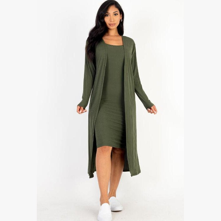 Ribbed Cardigan & Cami Midi Bodycon Dress
