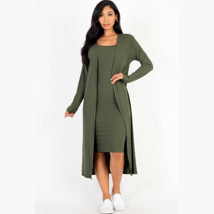 Ribbed Cardigan & Cami Midi Bodycon Dress