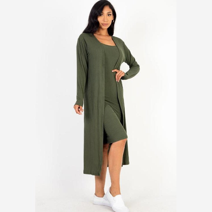 Ribbed Cardigan & Cami Midi Bodycon Dress