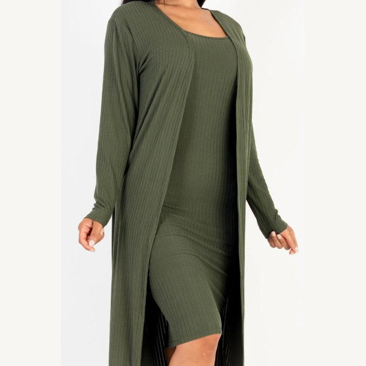 Ribbed Cardigan & Cami Midi Bodycon Dress