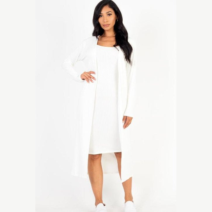 Ribbed Cardigan & Cami Midi Bodycon Dress