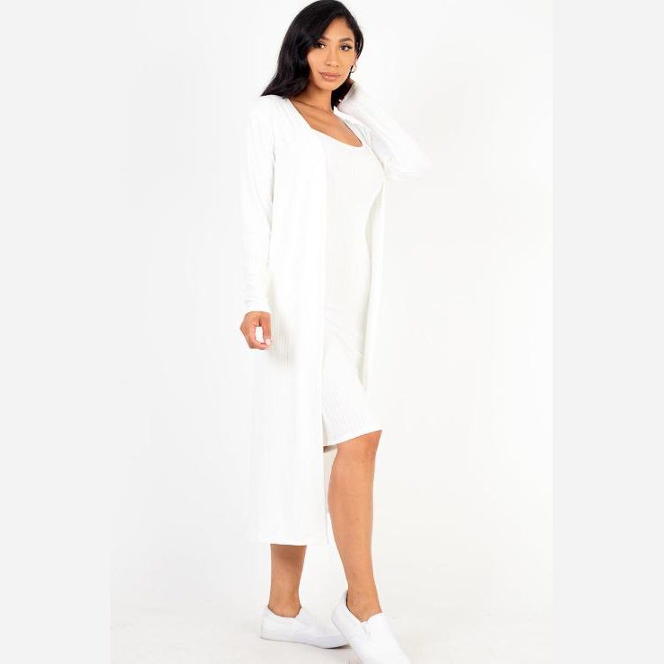 Ribbed Cardigan & Cami Midi Bodycon Dress