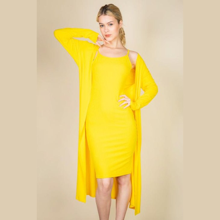 Ribbed Cardigan & Cami Midi Bodycon Dress