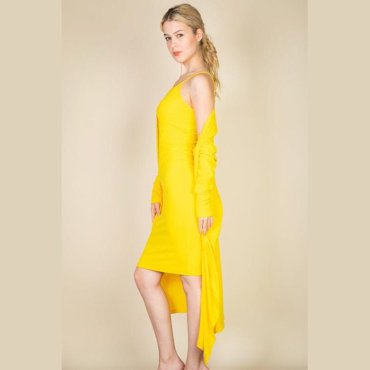 Ribbed Cardigan & Cami Midi Bodycon Dress