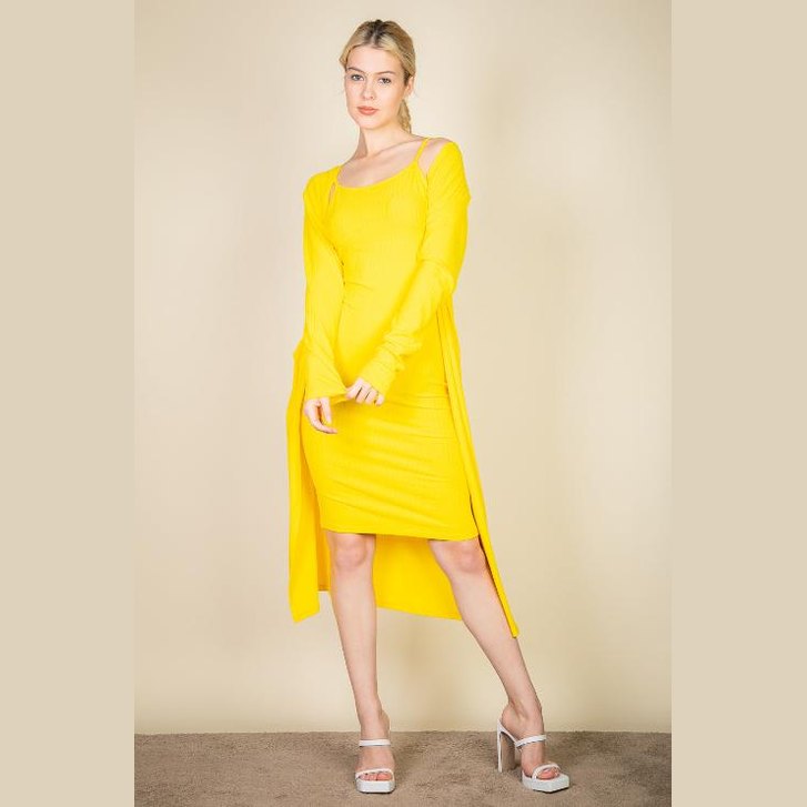 Ribbed Cardigan & Cami Midi Bodycon Dress