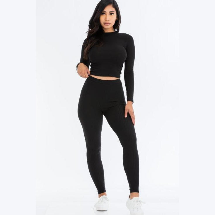 Ribbed Mock Neck Long Sleeve Top & Leggings Set