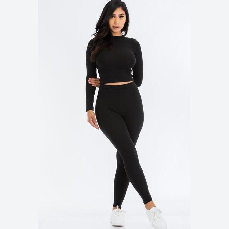 Ribbed Mock Neck Long Sleeve Top & Leggings Set